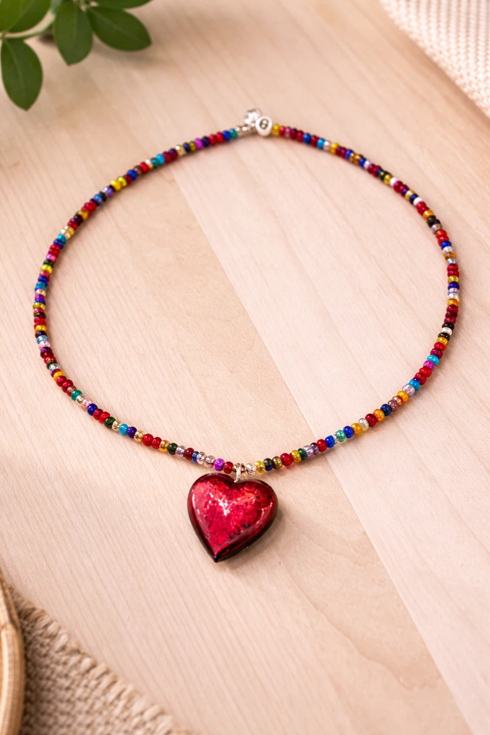 Beaded Heart Necklace – Colorful with Red Glass Pendant