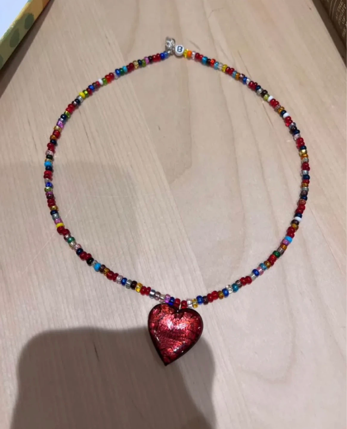 Beaded Heart Necklace – Colorful with Red Glass Pendant - photo 2