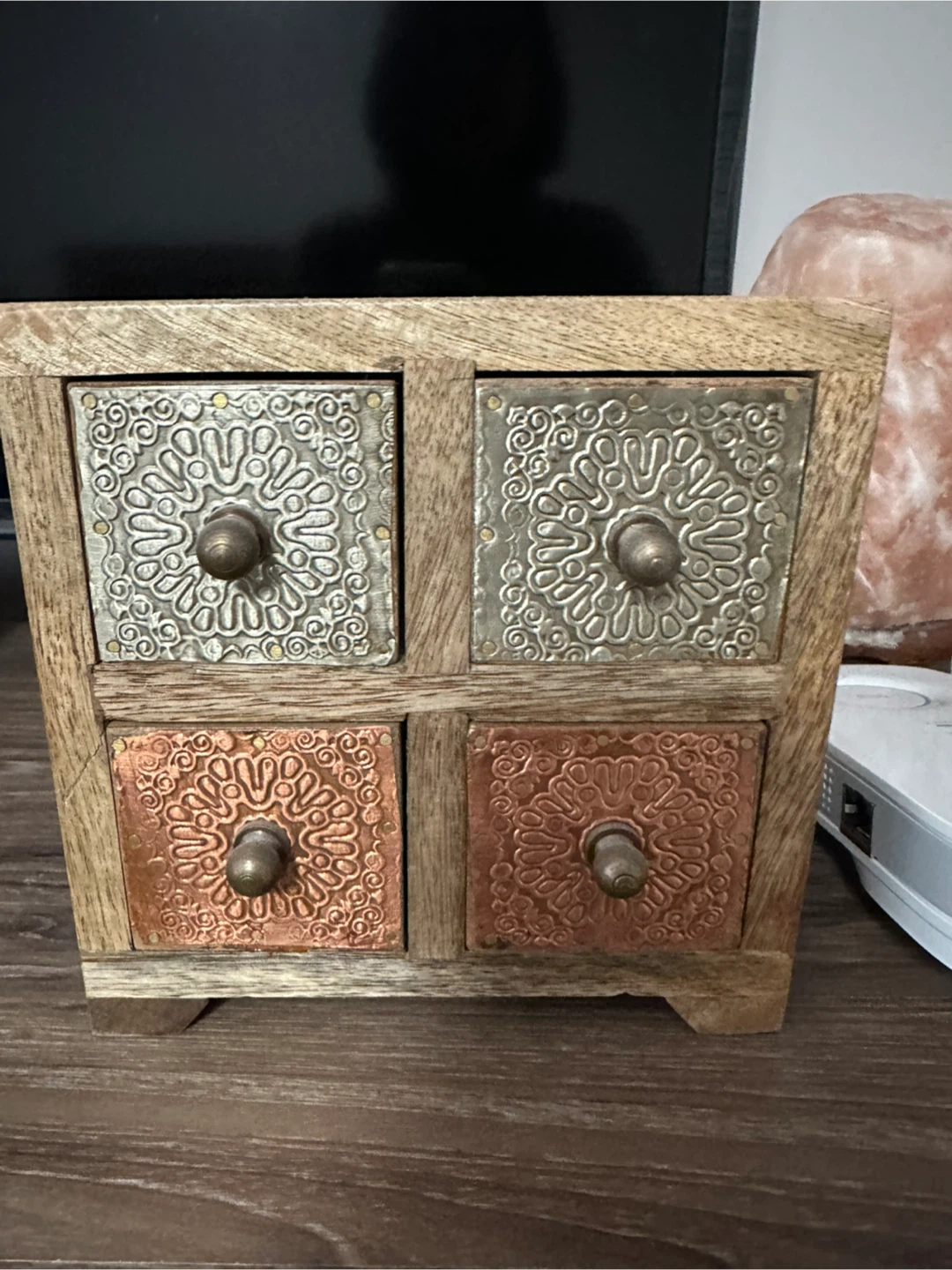 Wooden 4-Drawer Organizer Box with Decorative Metal Inlays