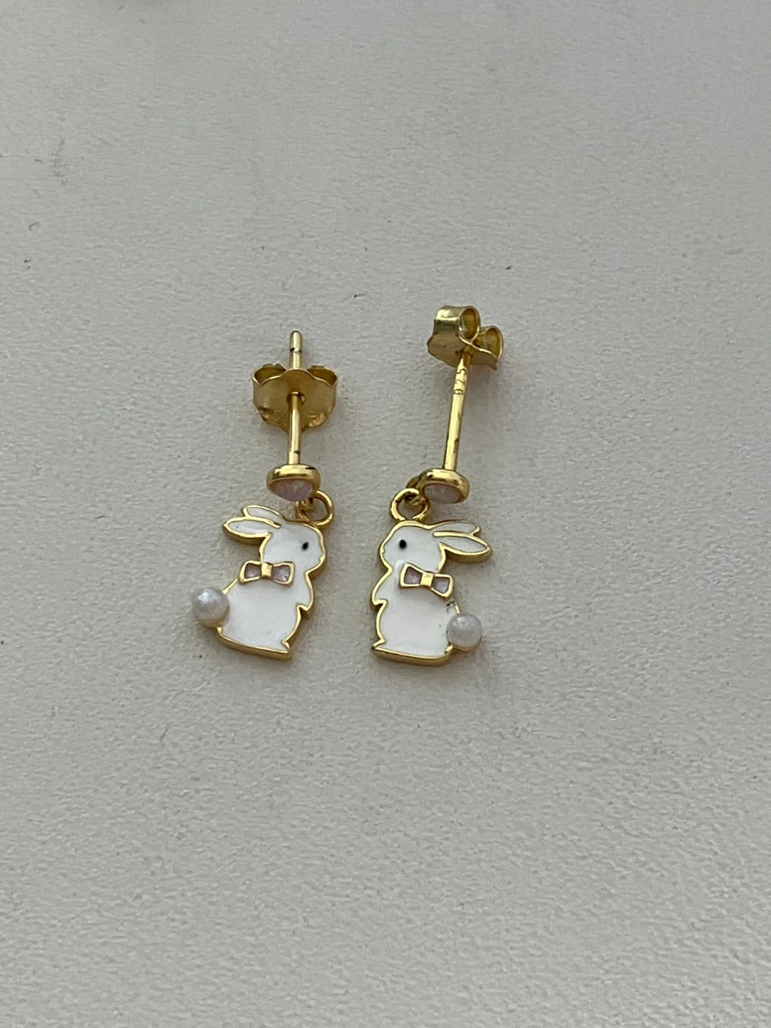 925 Gold Plated Bunny Enamel Earrings with Pearls - photo 2