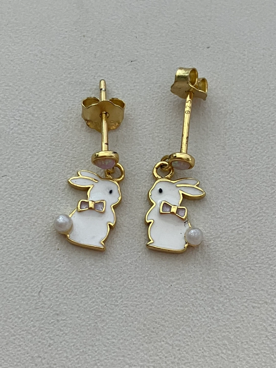 925 Gold Plated Bunny Enamel Earrings with Pearls