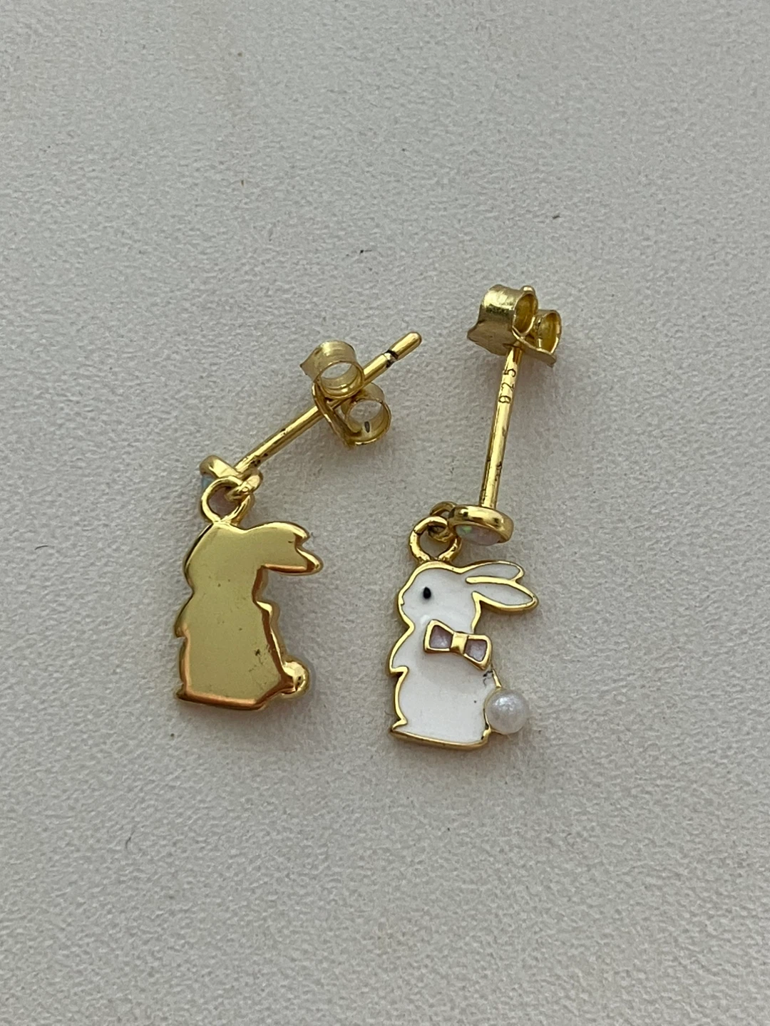 925 Gold Plated Bunny Enamel Earrings with Pearls - photo 4