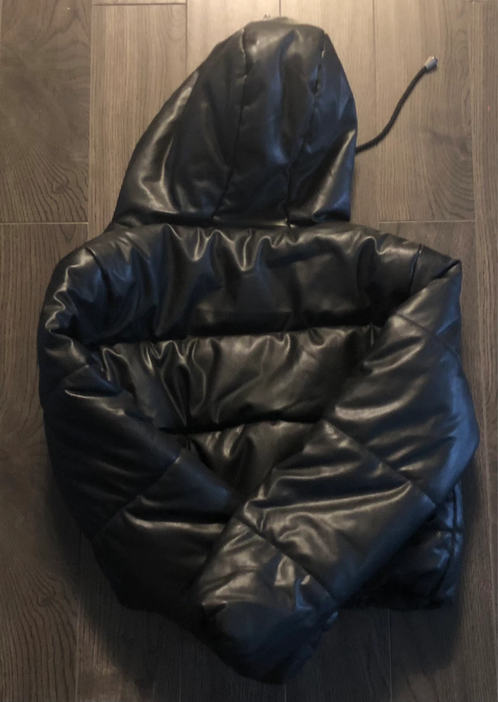 Cropped Black Leather Puffer Jacket with Hood - photo 3