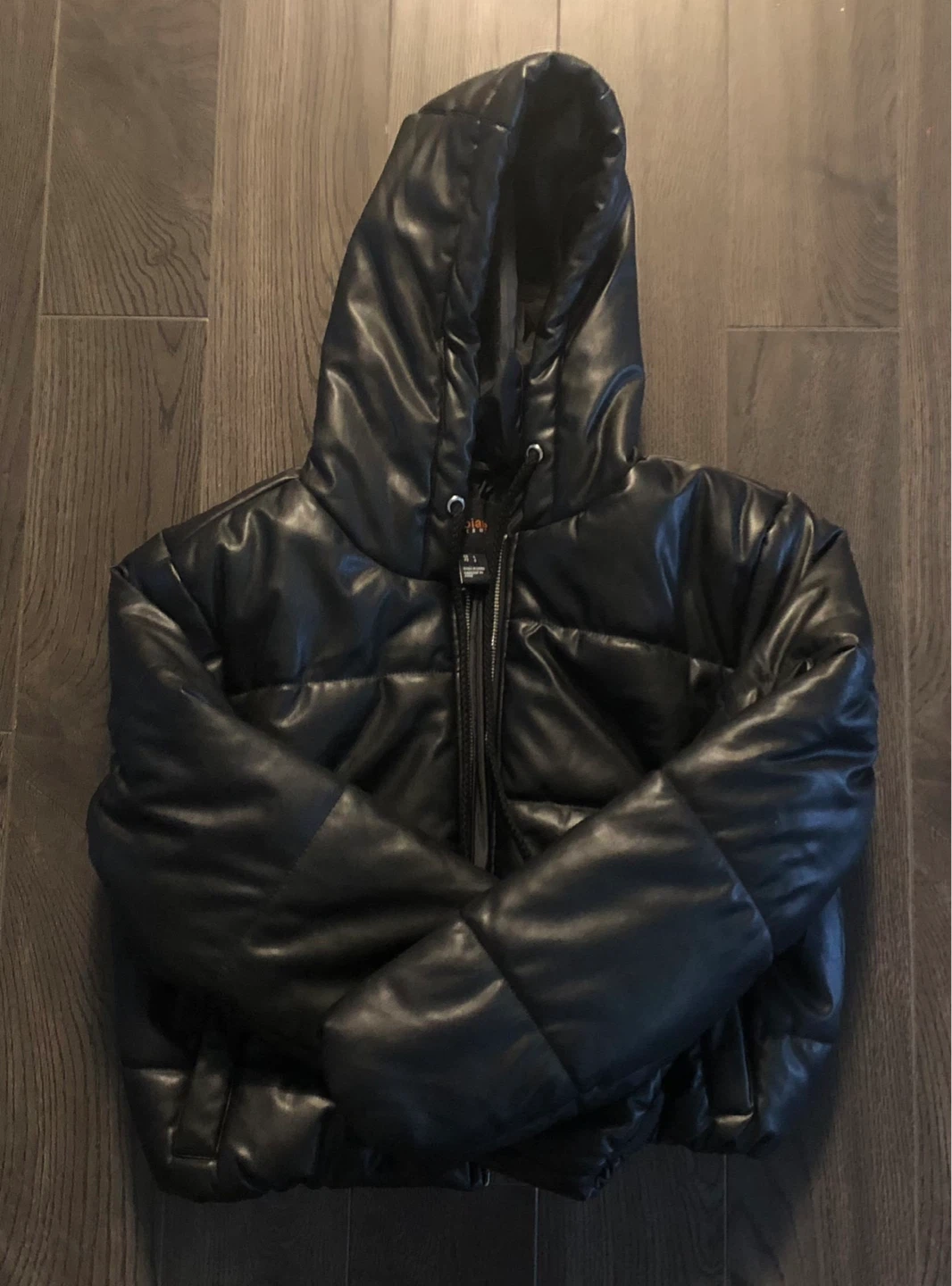 Cropped Black Leather Puffer Jacket with Hood