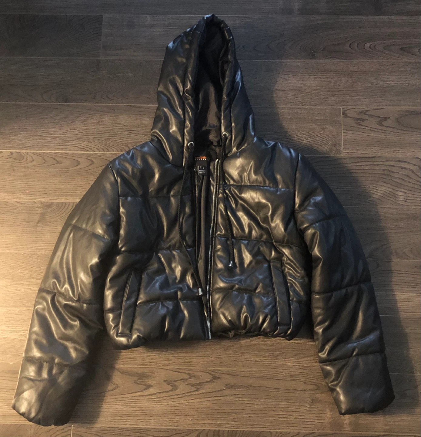 Cropped Black Leather Puffer Jacket with Hood - photo 2