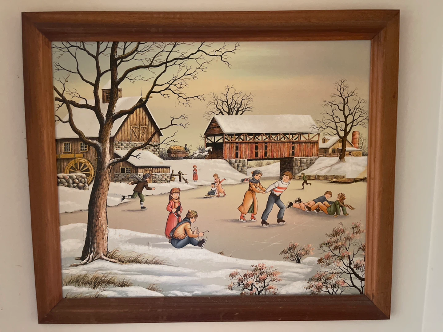 Framed Vintage Winter Ice Skating Scene Painting by C. Carson