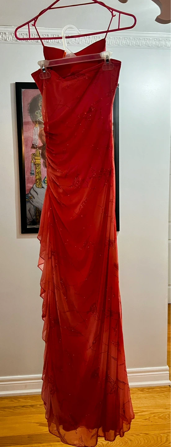 Red Beaded Spaghetti Strap Formal Dress - photo 2