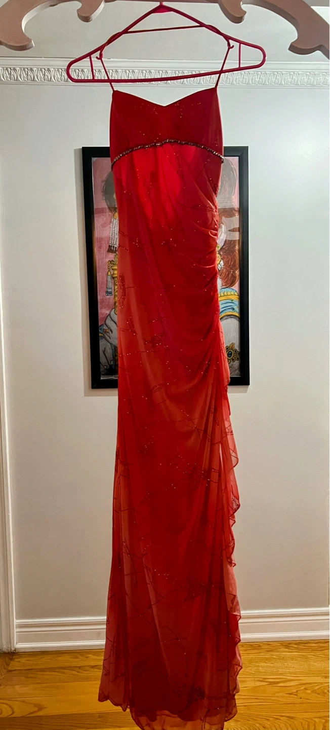 Red Beaded Spaghetti Strap Formal Dress