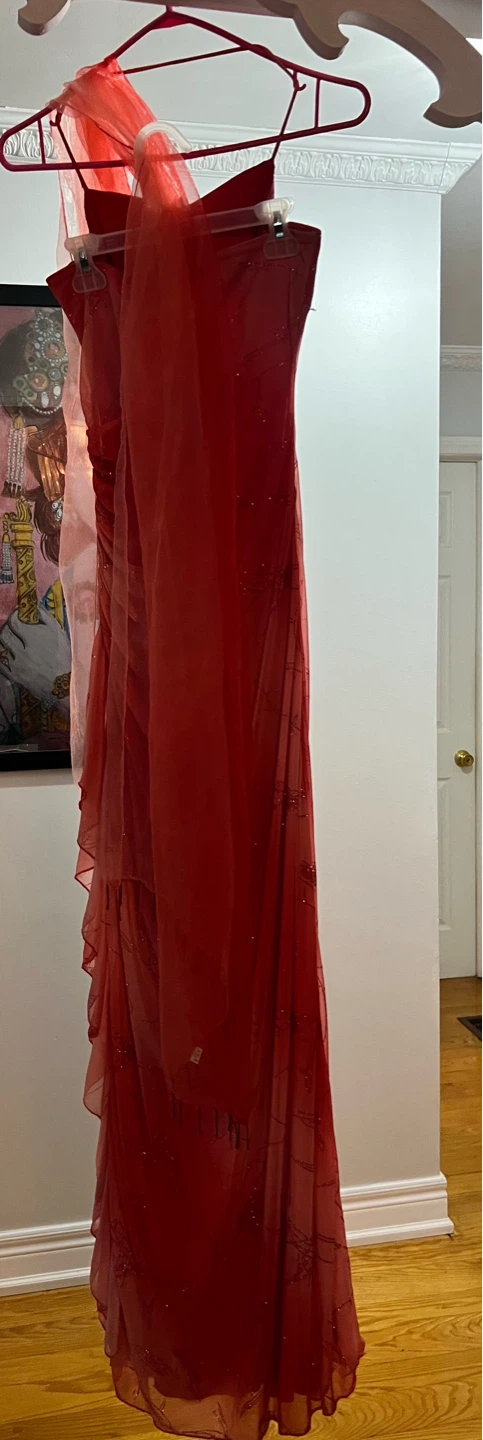 Red Beaded Spaghetti Strap Formal Dress - photo 3
