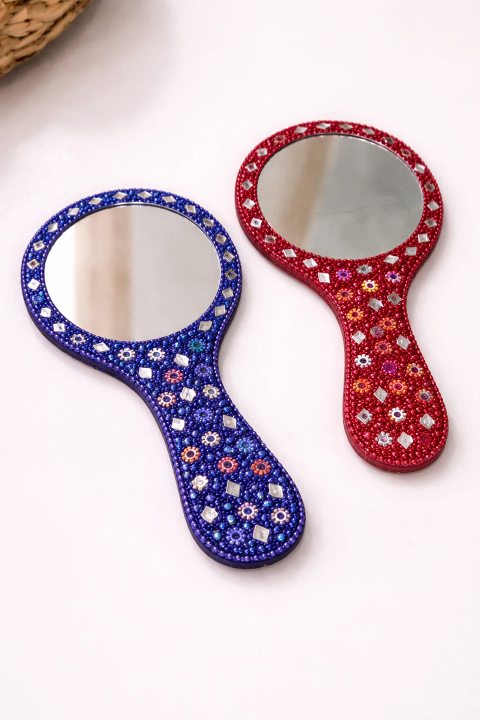 Hand Beaded Decorative Mirrors – Set of 2 (Red & Blue)