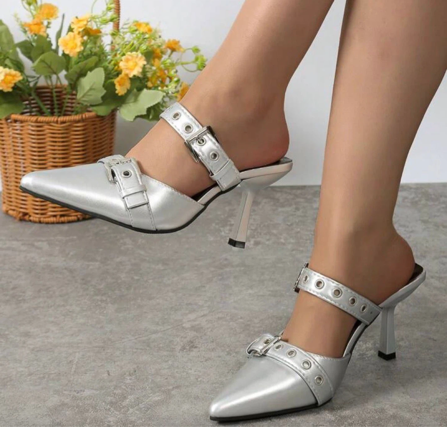 Silver Mules Pointed Toe Heels