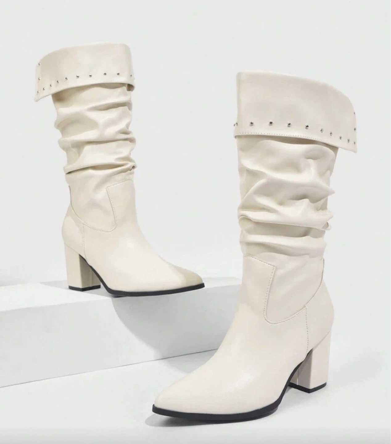 Cream Ruched Knee-High Boots with Studded Detail