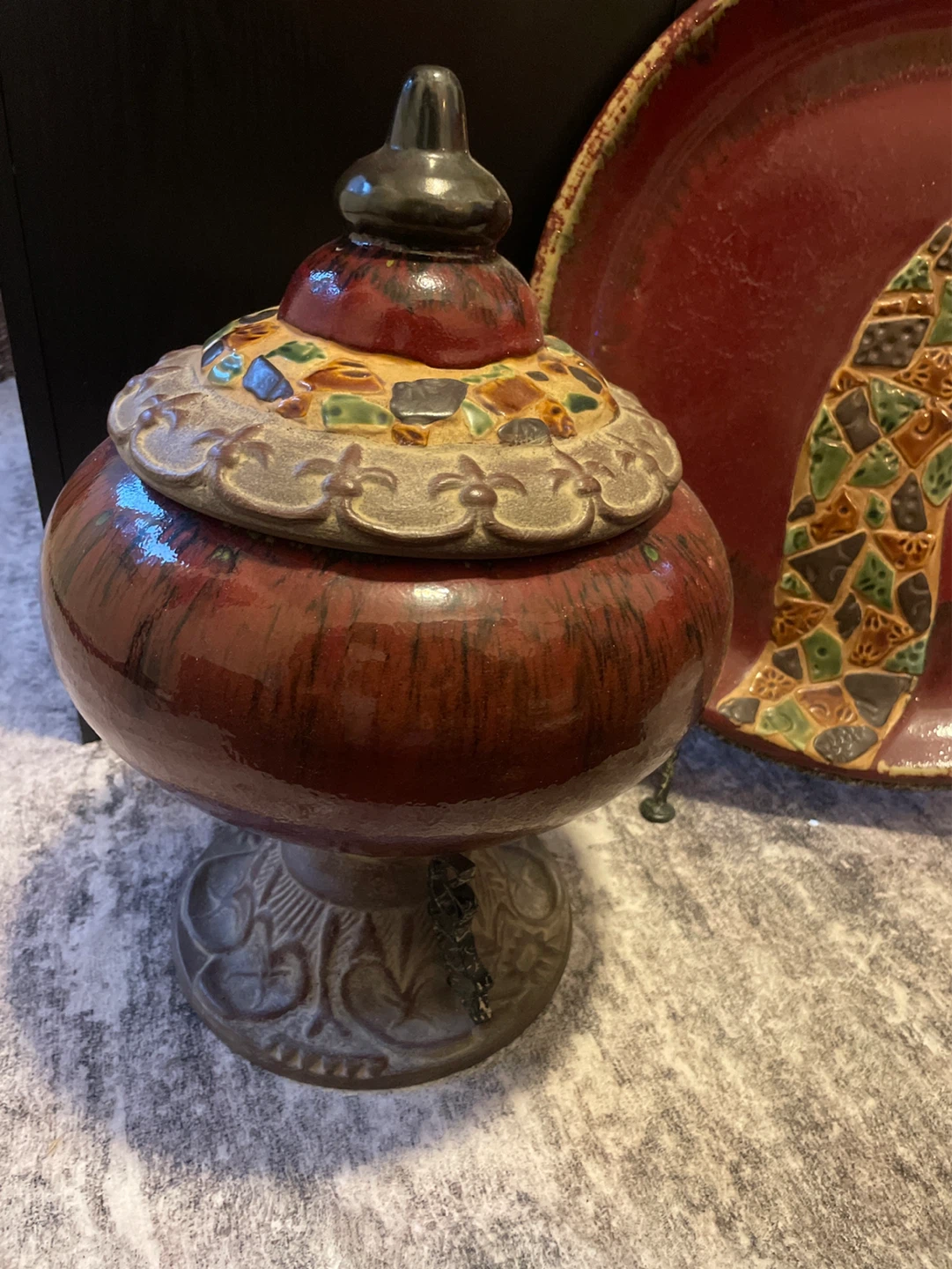Decorative Ceramic Jar with Lid and accent piece with stand - photo 3