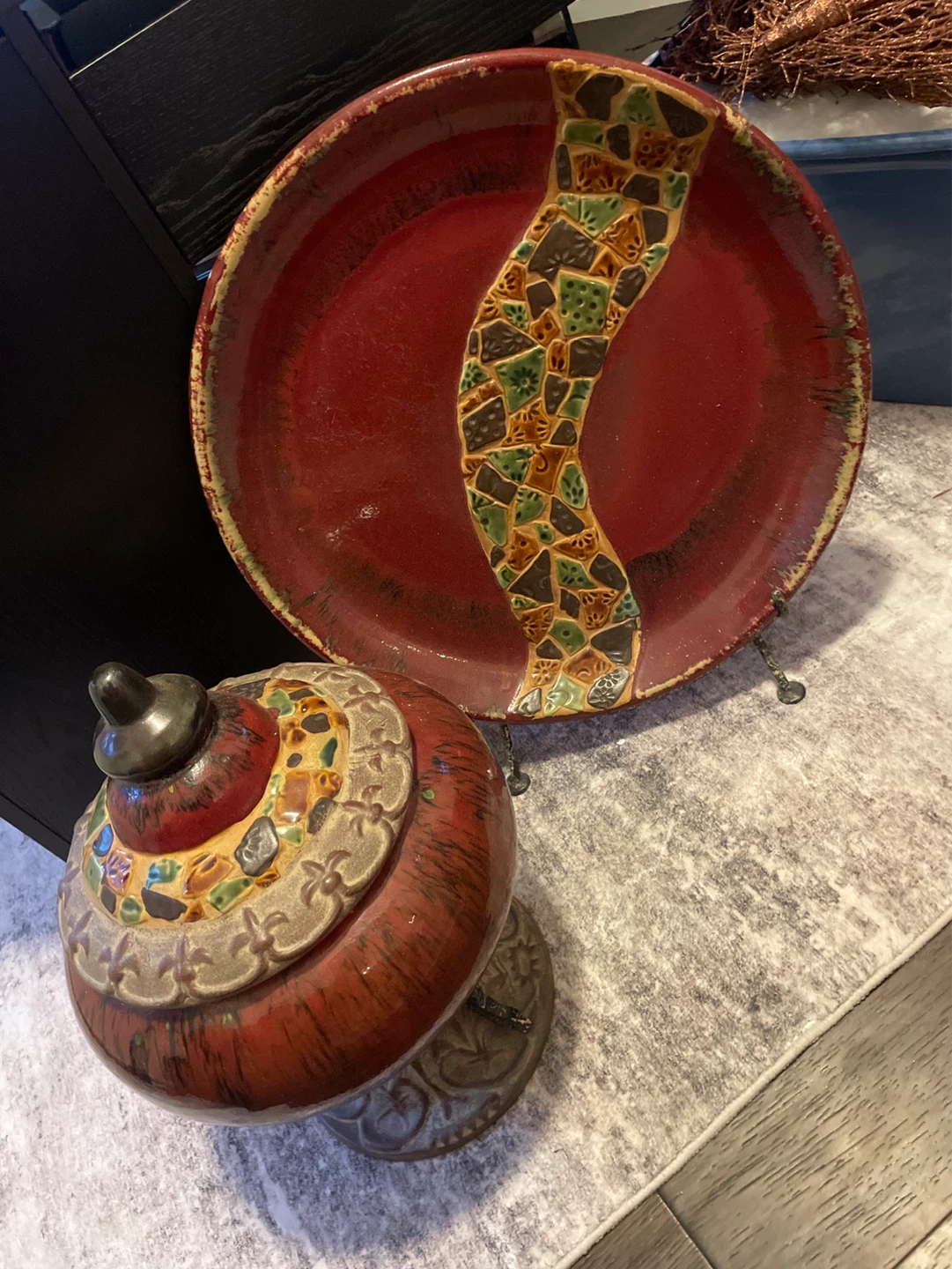 Decorative Ceramic Jar with Lid and accent piece with stand