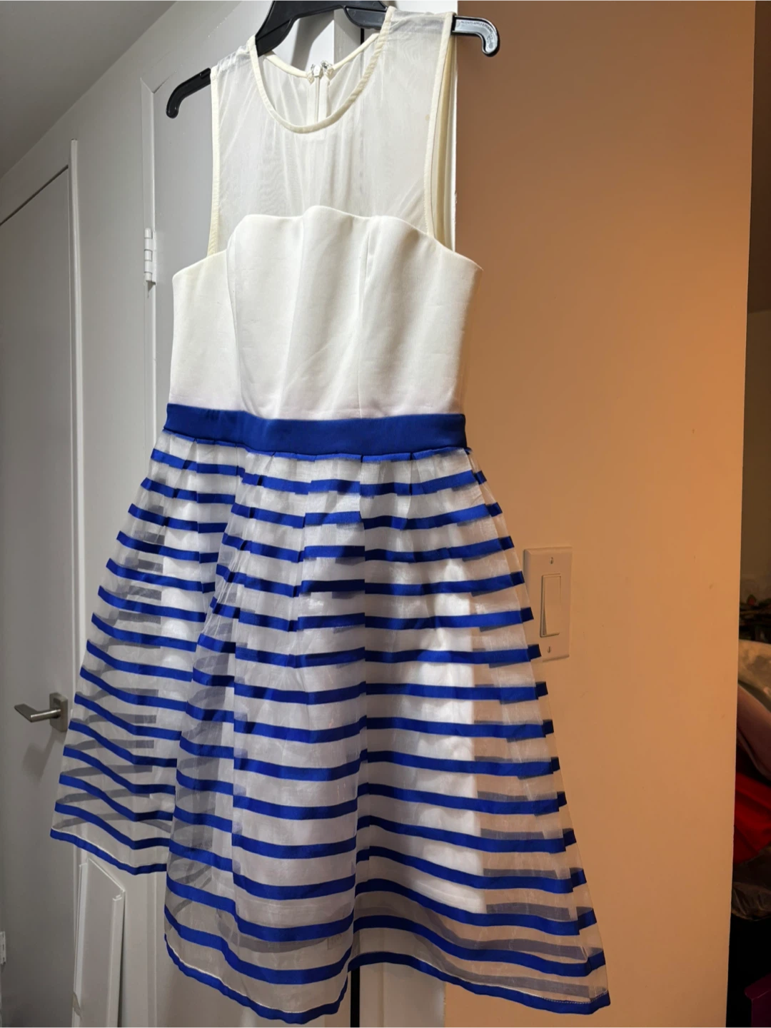 White and Blue Striped Mesh Dress