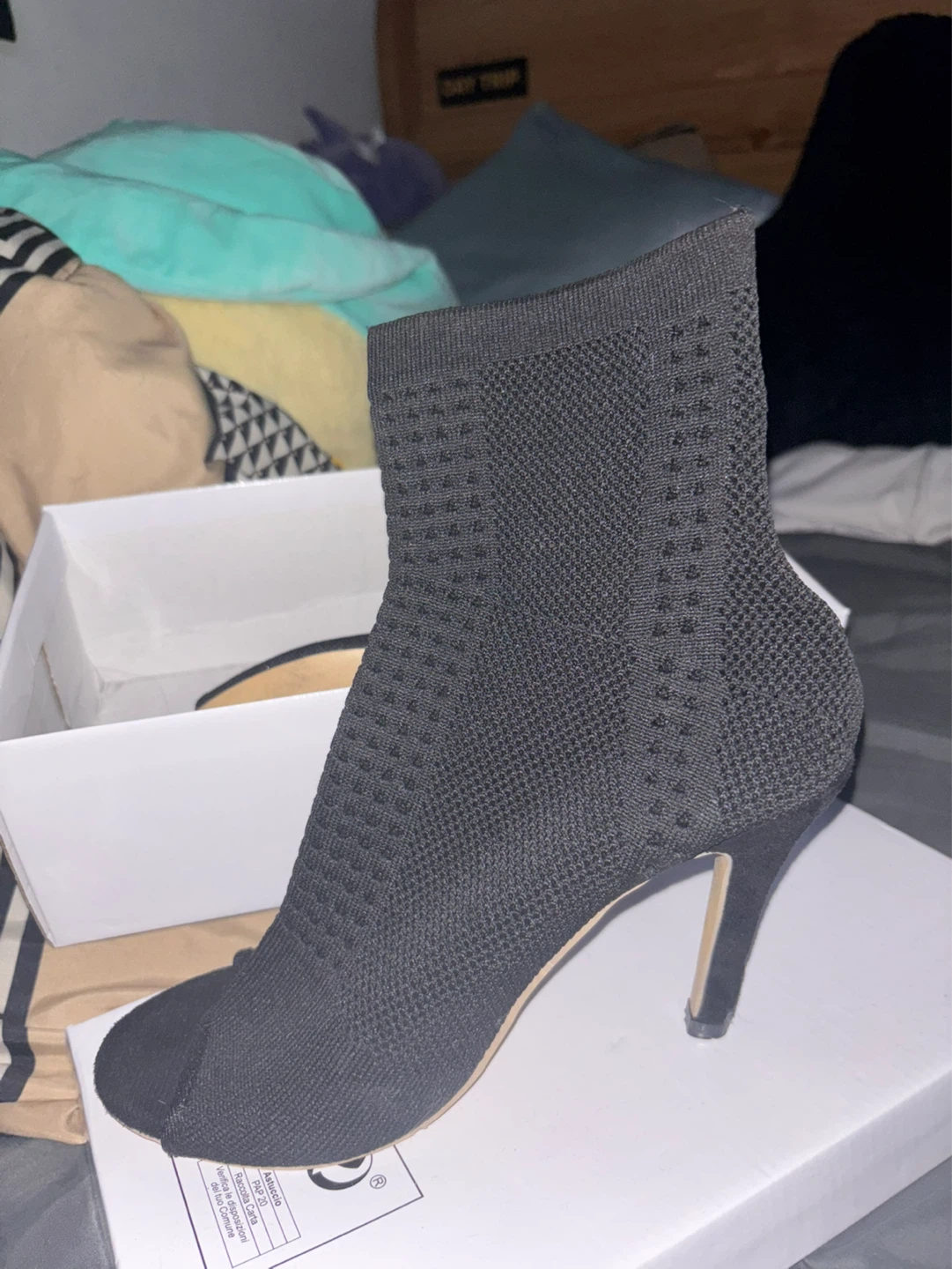 Black Knit Peep Toe Sock Booties