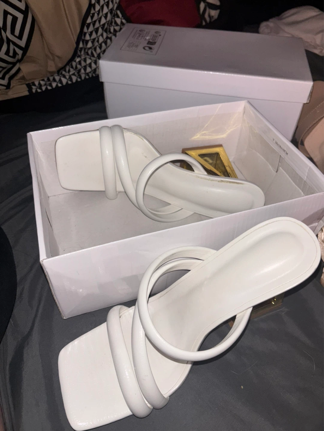 White Heeled Sandals with Gold Accents