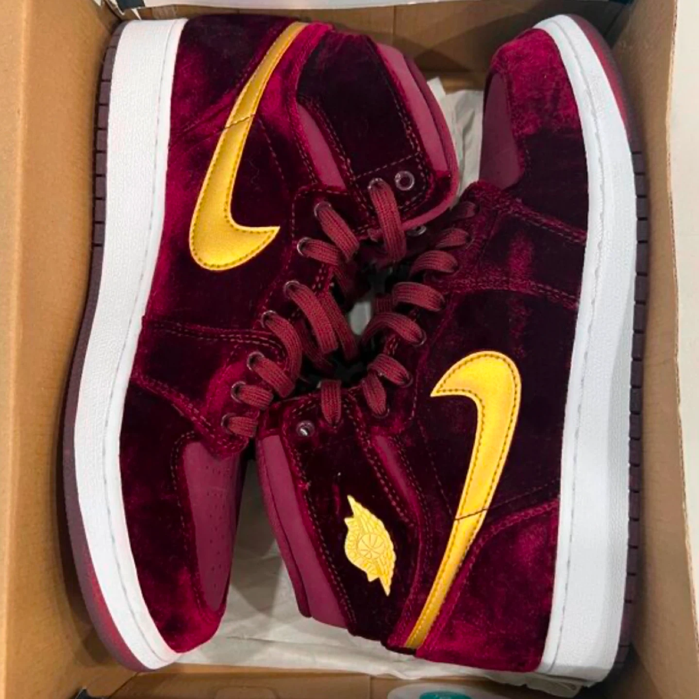Air Jordan 1 Velvet Burgundy Gold High Top Sneakers