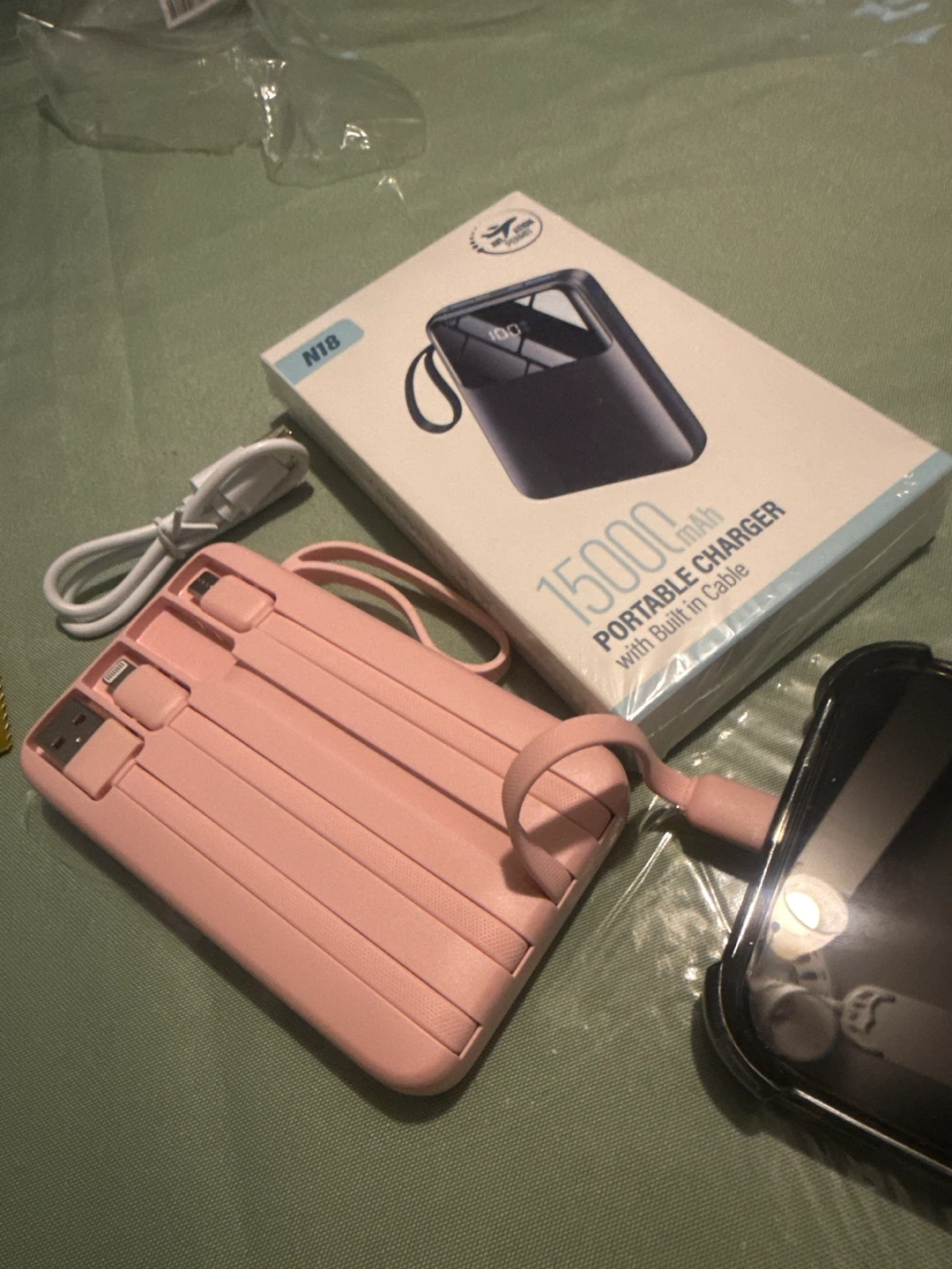 Pink 15000mAh Portable Charger with Built-in Cable