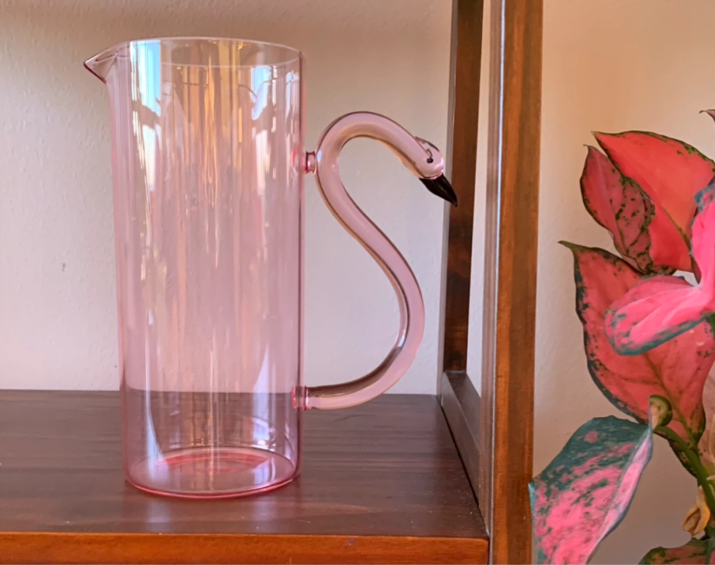 Pink Glass Pitcher with Flamingo Handle