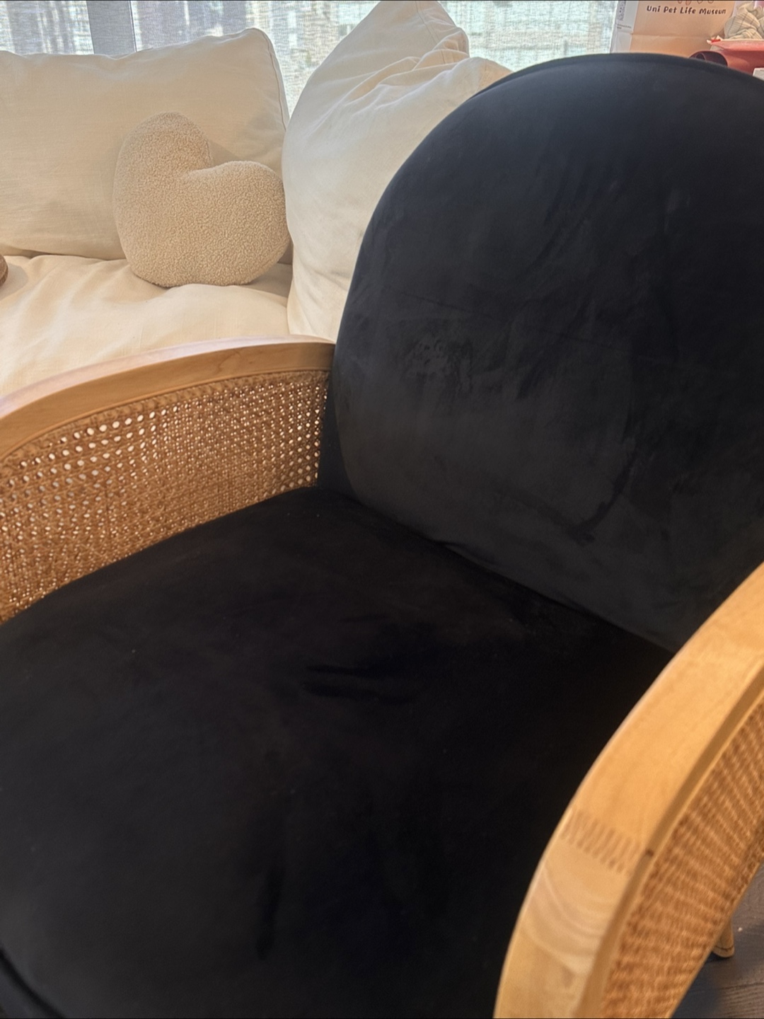 Black Velvet Armchair with Rattan Accents
