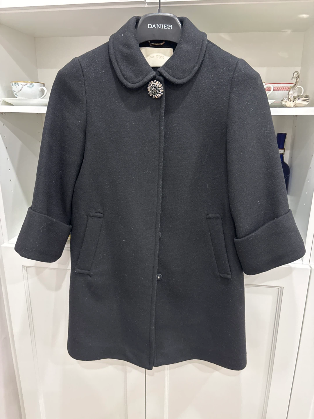 Black Wool Blend Coat Embellished Collar size S