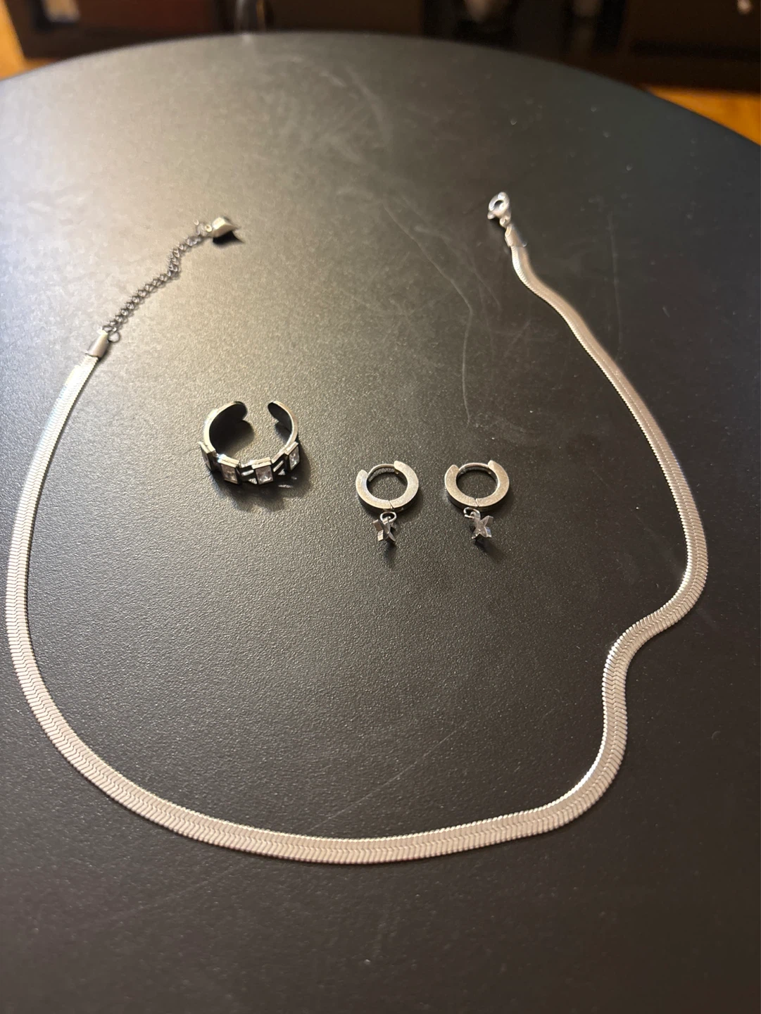 Silver tone necklace, ring and earrings set