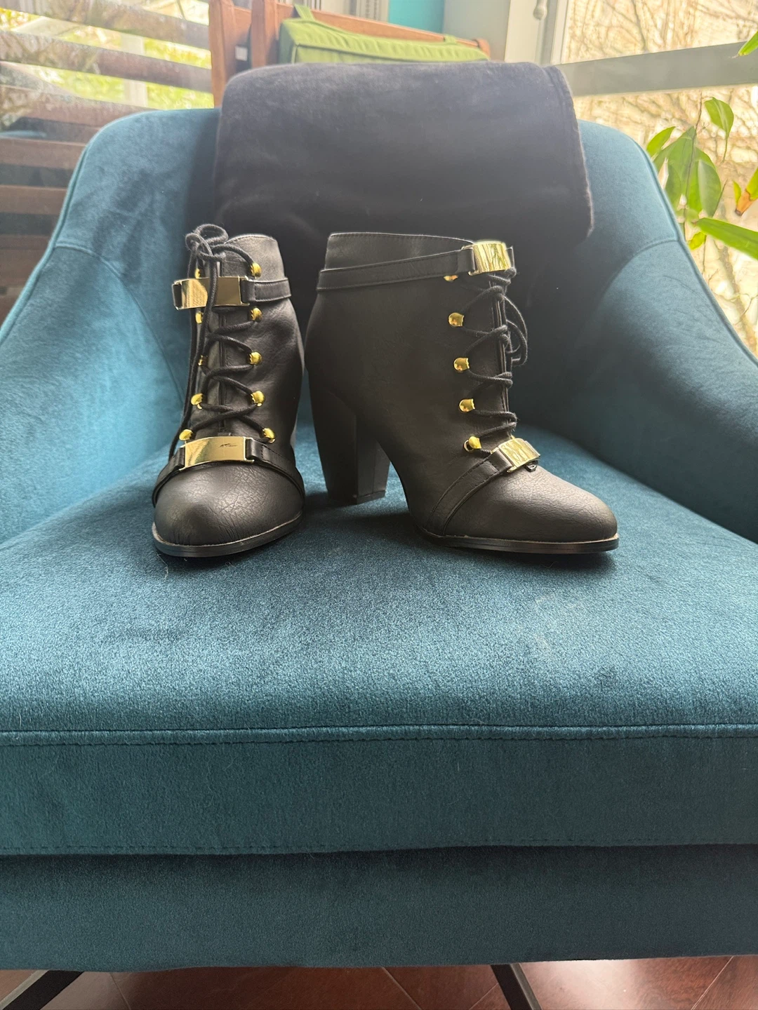 Black Heeled Ankle Boots with Gold Accents Size 9