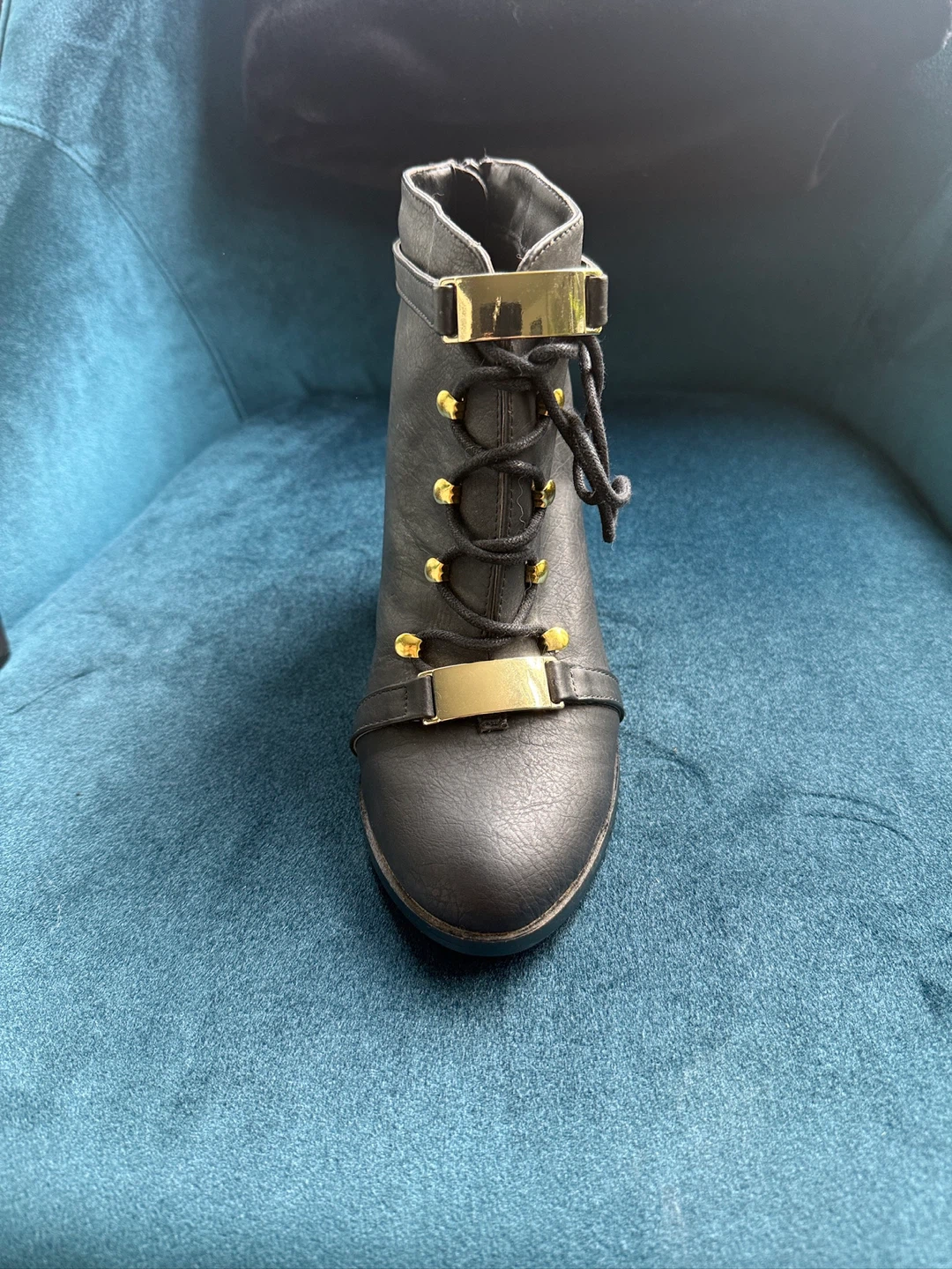 Black Heeled Ankle Boots with Gold Accents Size 9 - photo 2