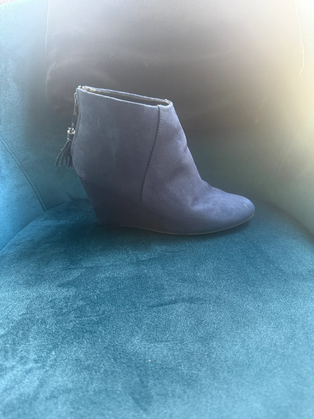Navy Blue Suede Wedge Ankle Boots - photo 2