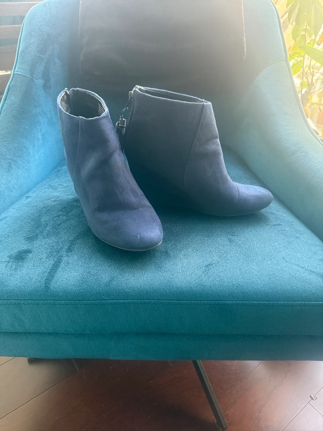 Navy Blue Suede Wedge Ankle Boots