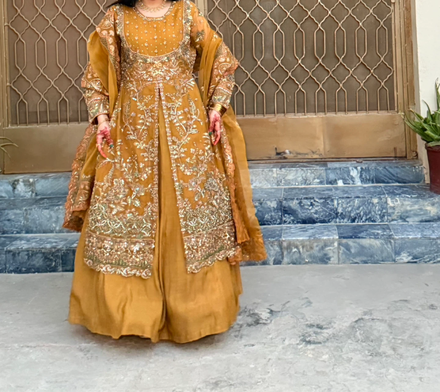 Embellished Mustard Yellow Anarkali Dress with Dupatta