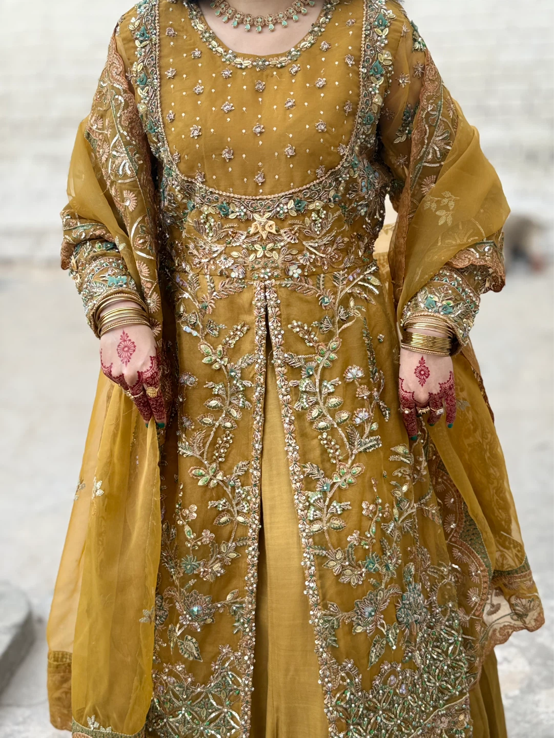 Embellished Mustard Yellow Anarkali Dress with Dupatta - photo 2