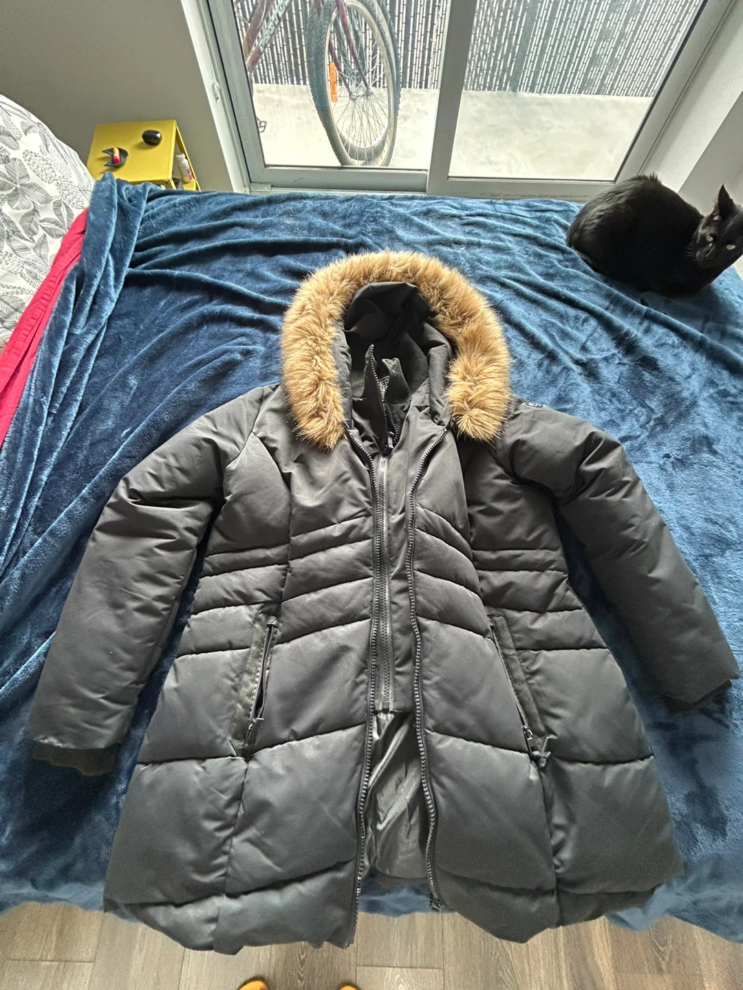Black Puffer Winter Coat with Fur Trim Hood