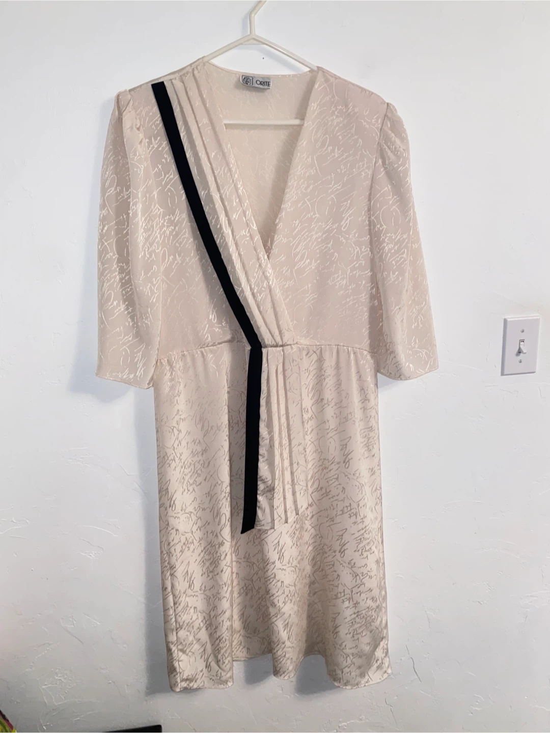 ORITE Beige Script Pattern Dress with Black Trim