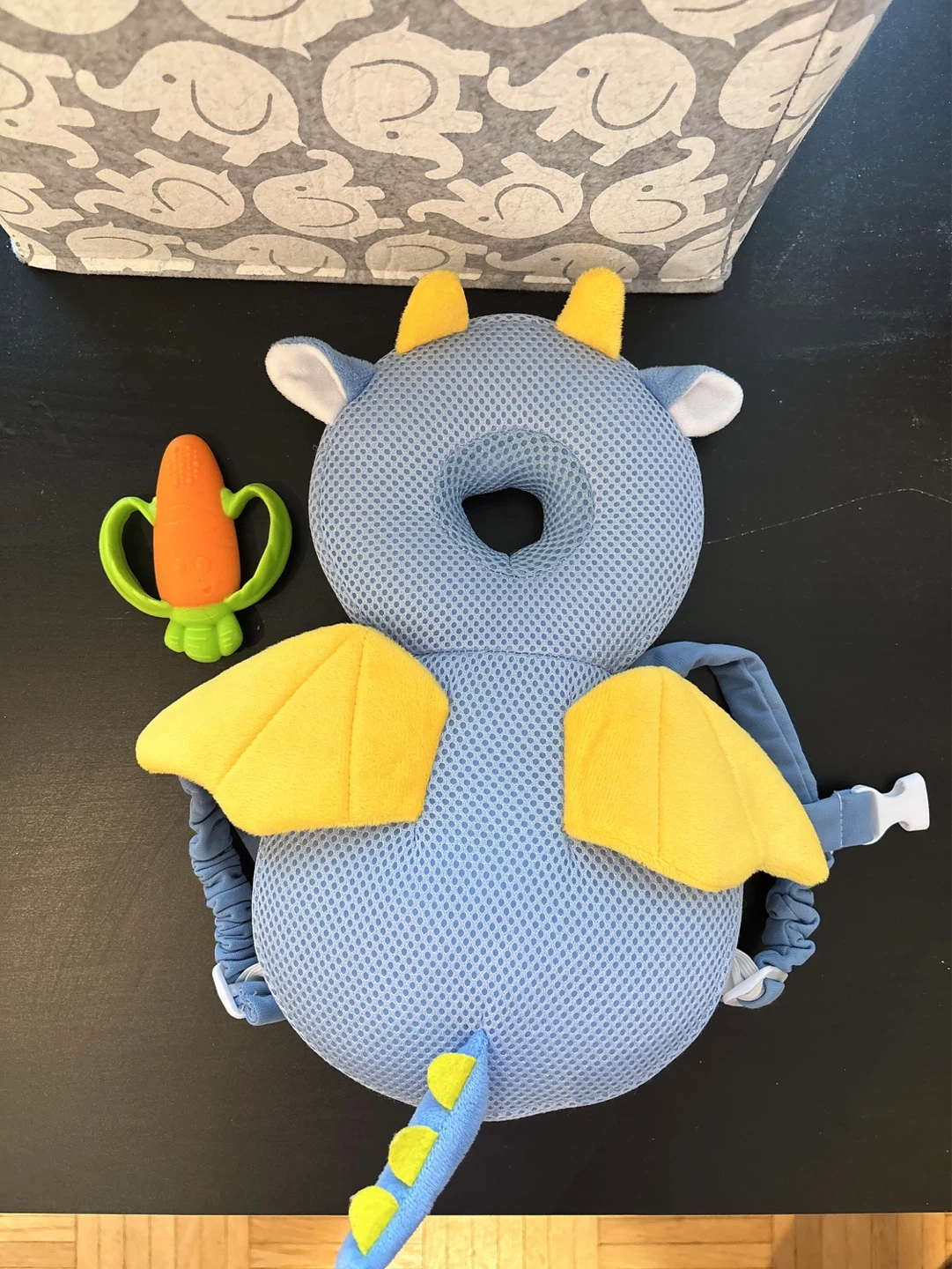 Baby Blue Dragon Head Protection Pillow with carrot teether