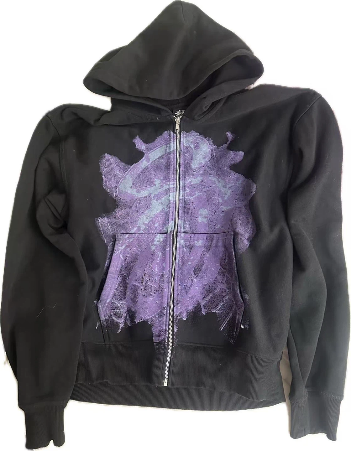 Stussy Black Zip-Up Hoodie with Purple Graphic