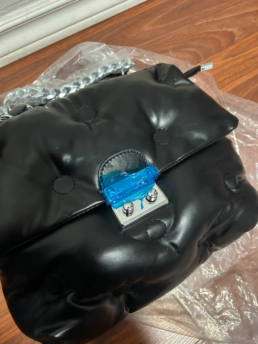 Black Puffer Shoulder Bag with Chain Strap