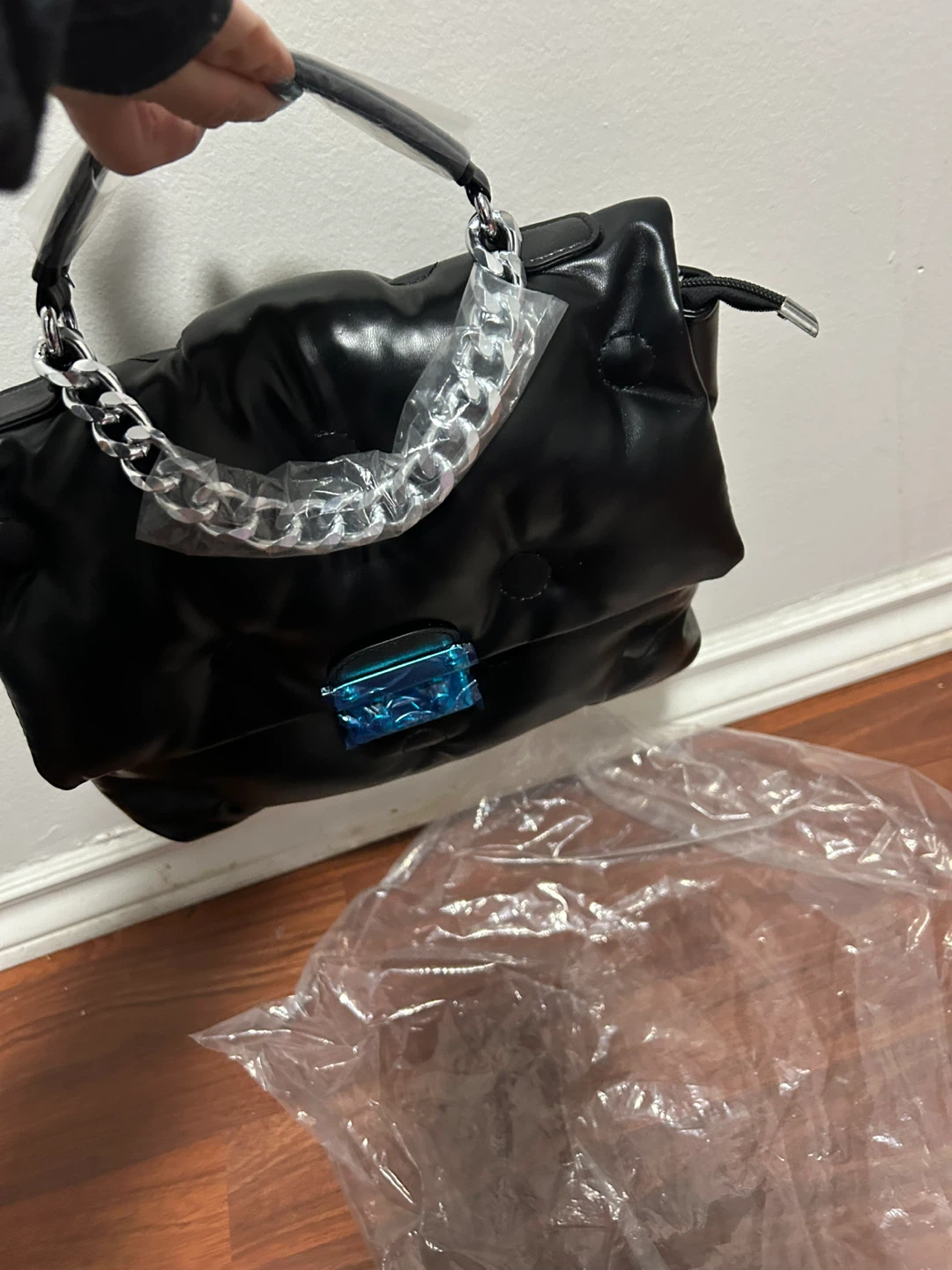 Black Puffer Shoulder Bag with Chain Strap - photo 2