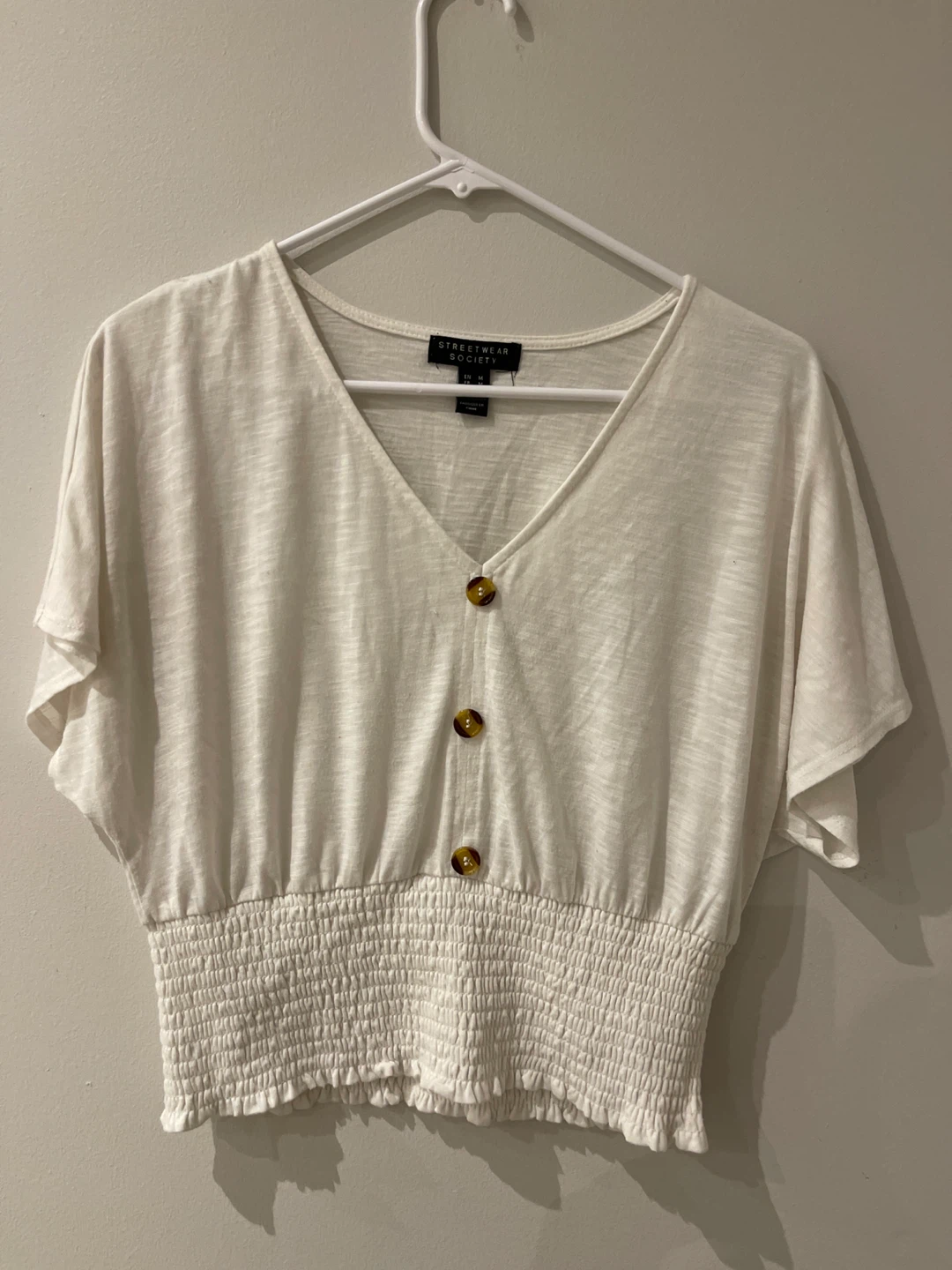 White Smocked Waist V-Neck Top