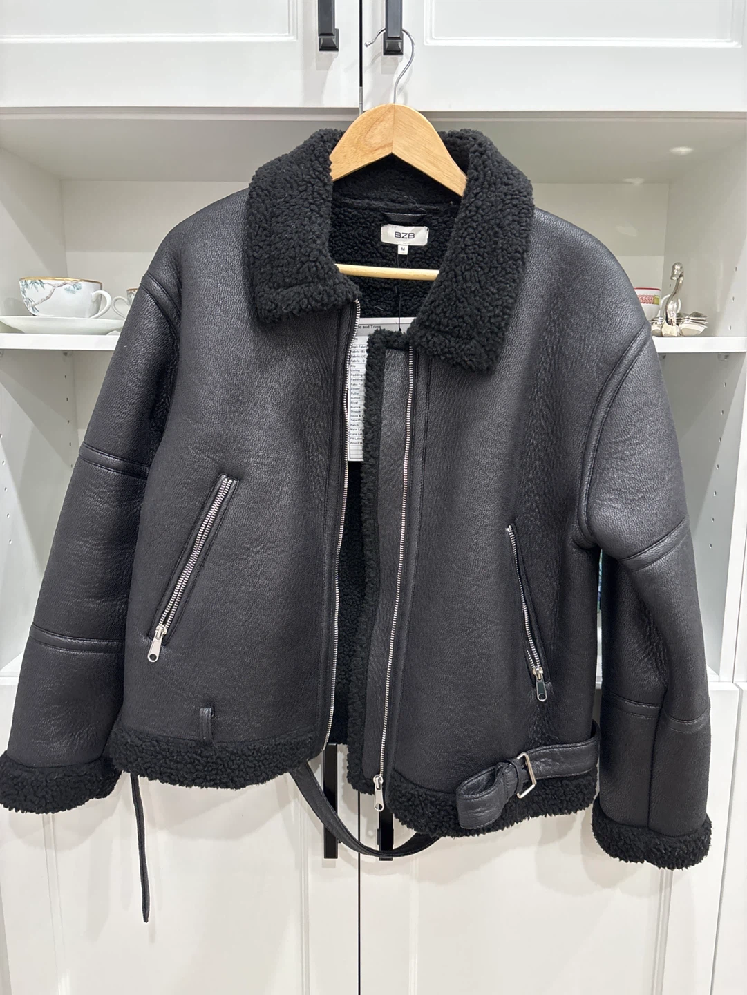 Black Faux Leather Shearling Aviator Jacket