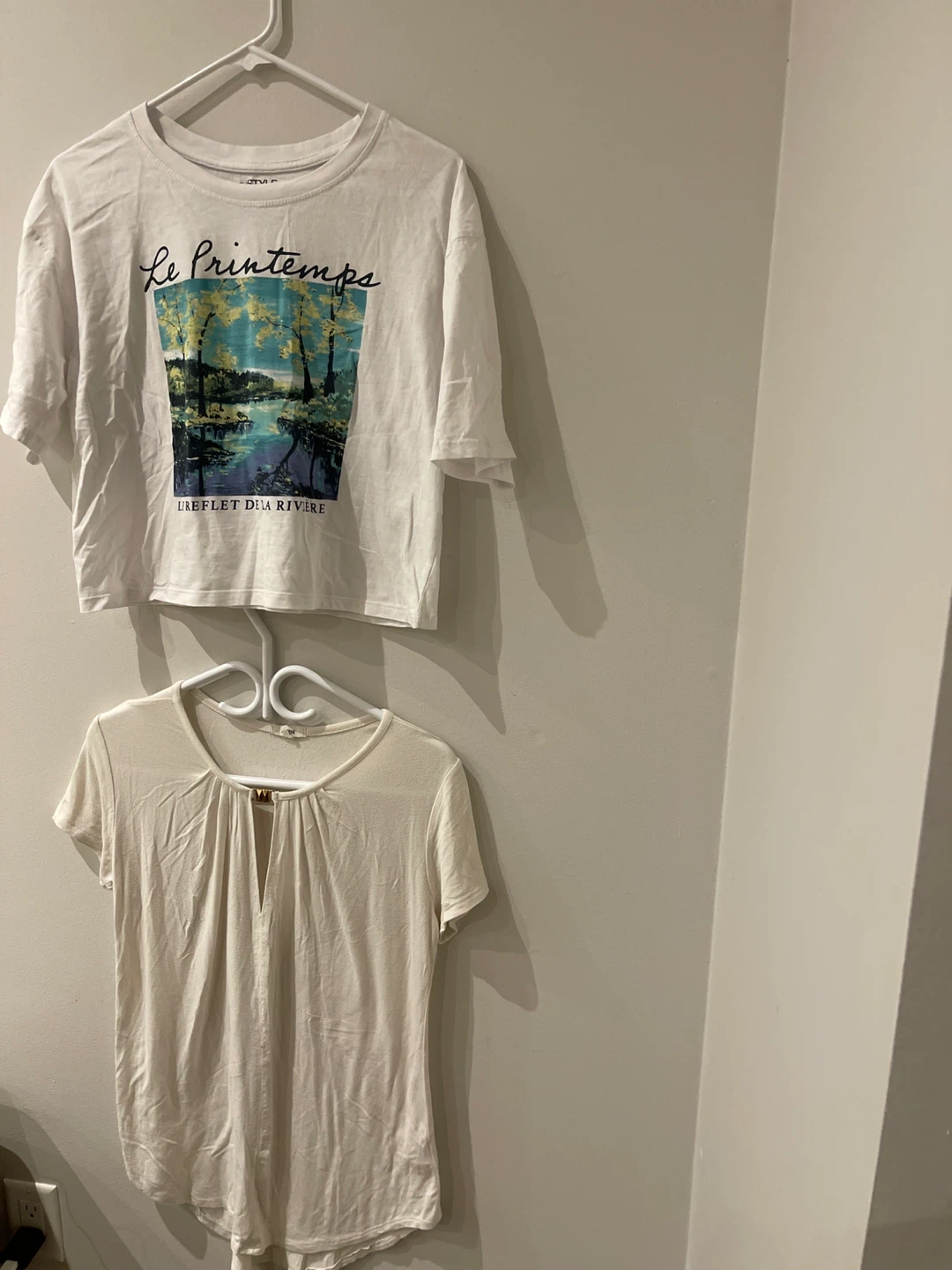 White graphic t-shirt and cream crew neck t-shirt