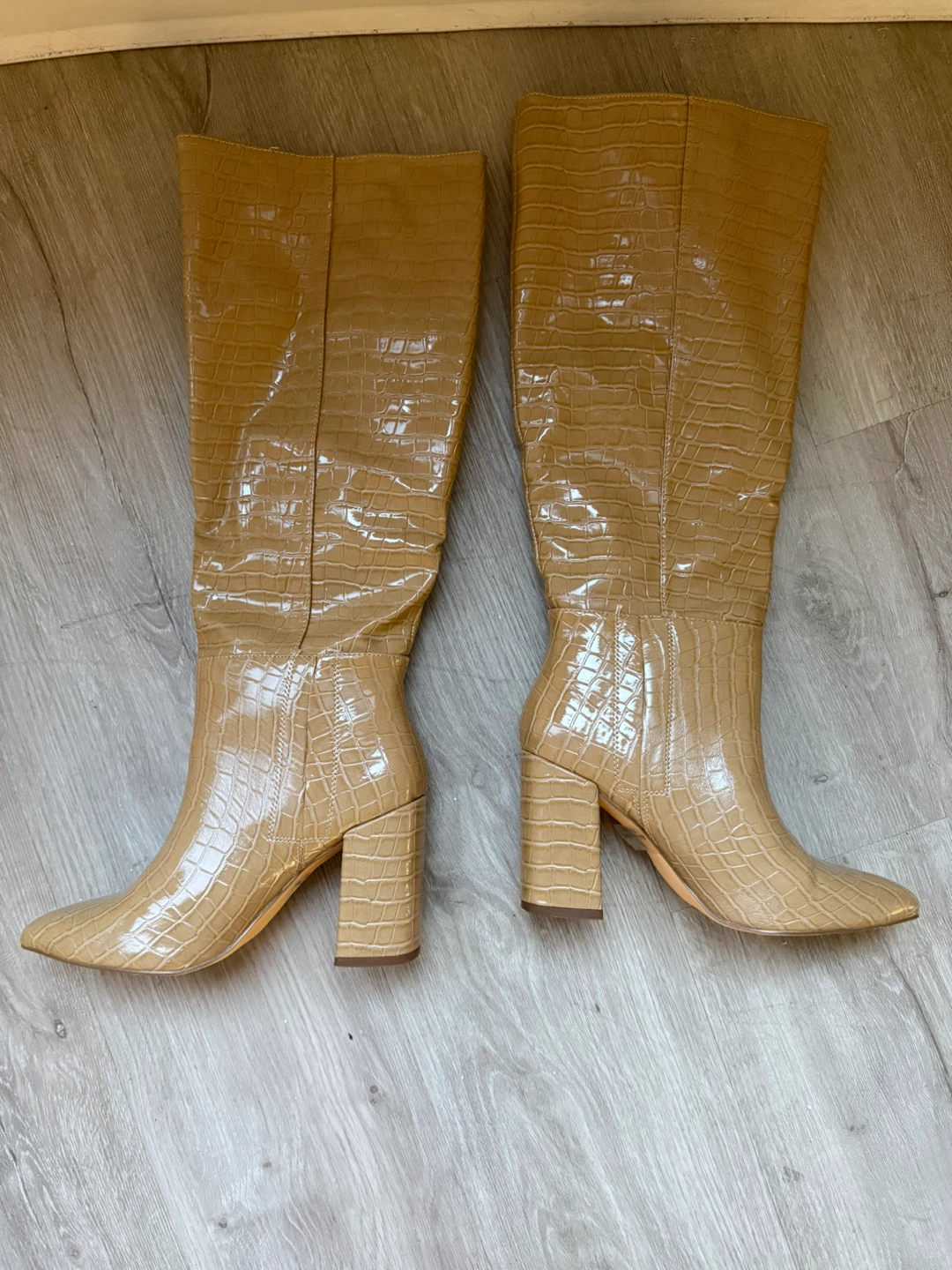 Tan Croc Embossed Knee High Boots 6.5