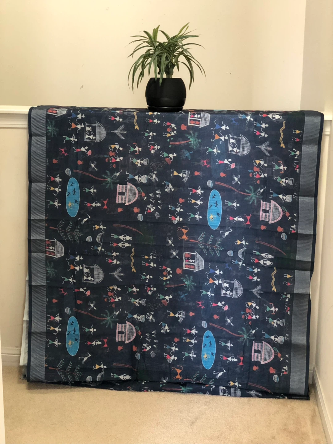 Dark Blue cotton Saree with Indian warli art