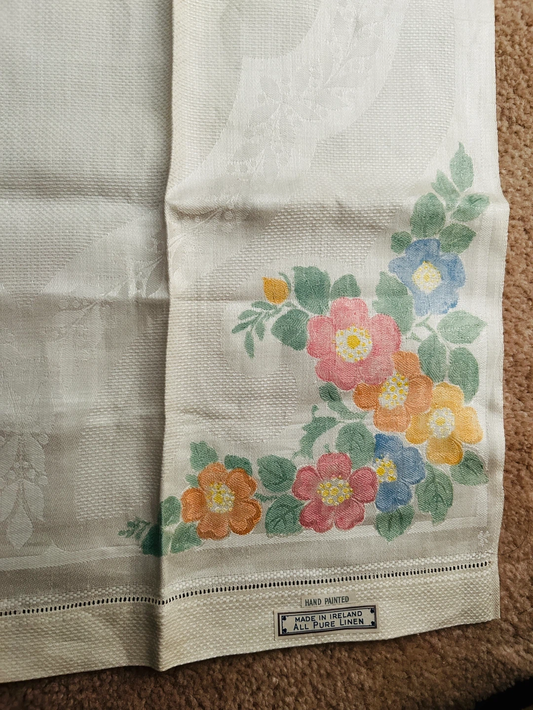 VINTAGE Irish linen Hand Painted Tea Towel Made in Ireland