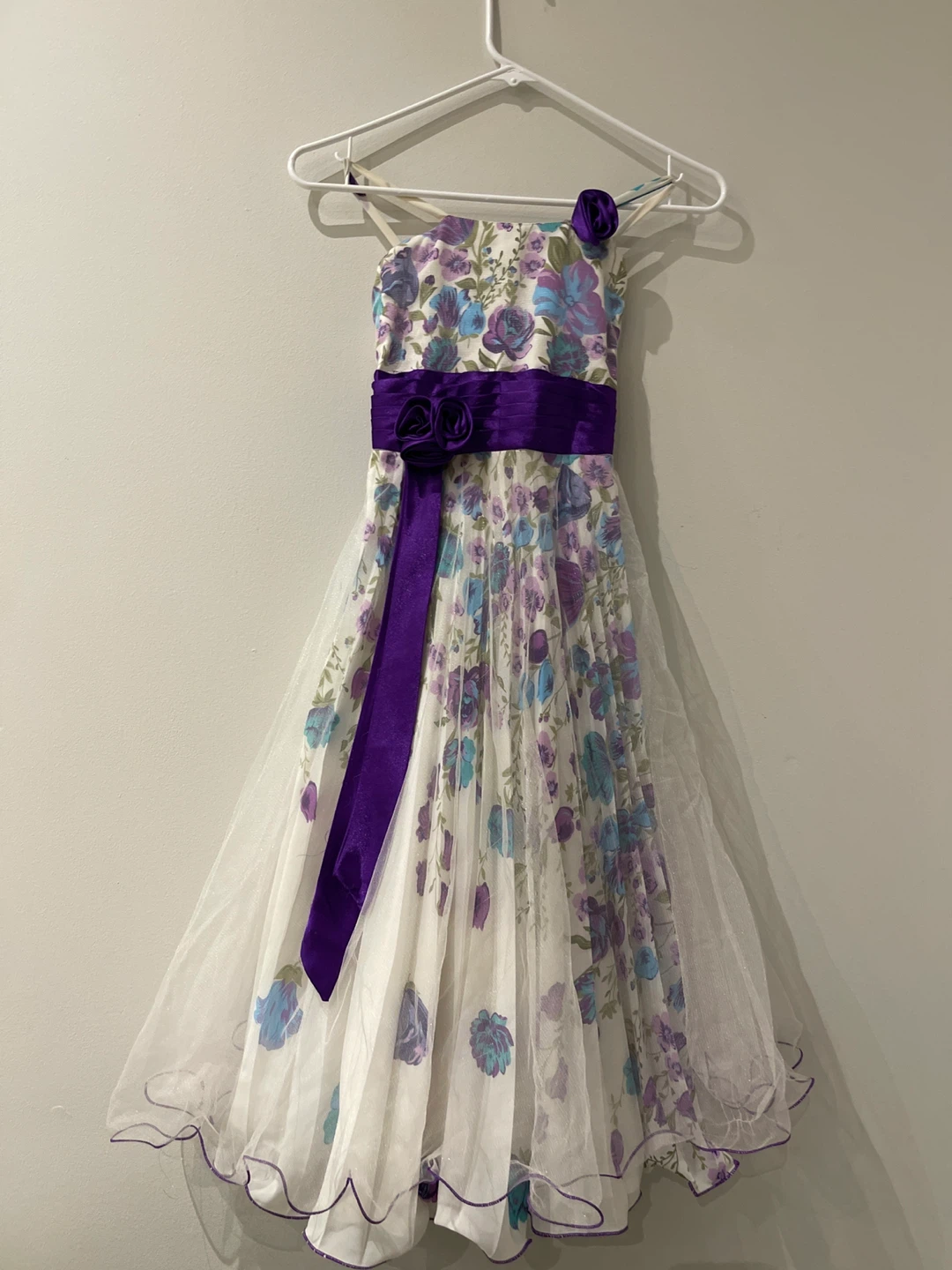 Floral Print Dress with Purple Sash and Flowers