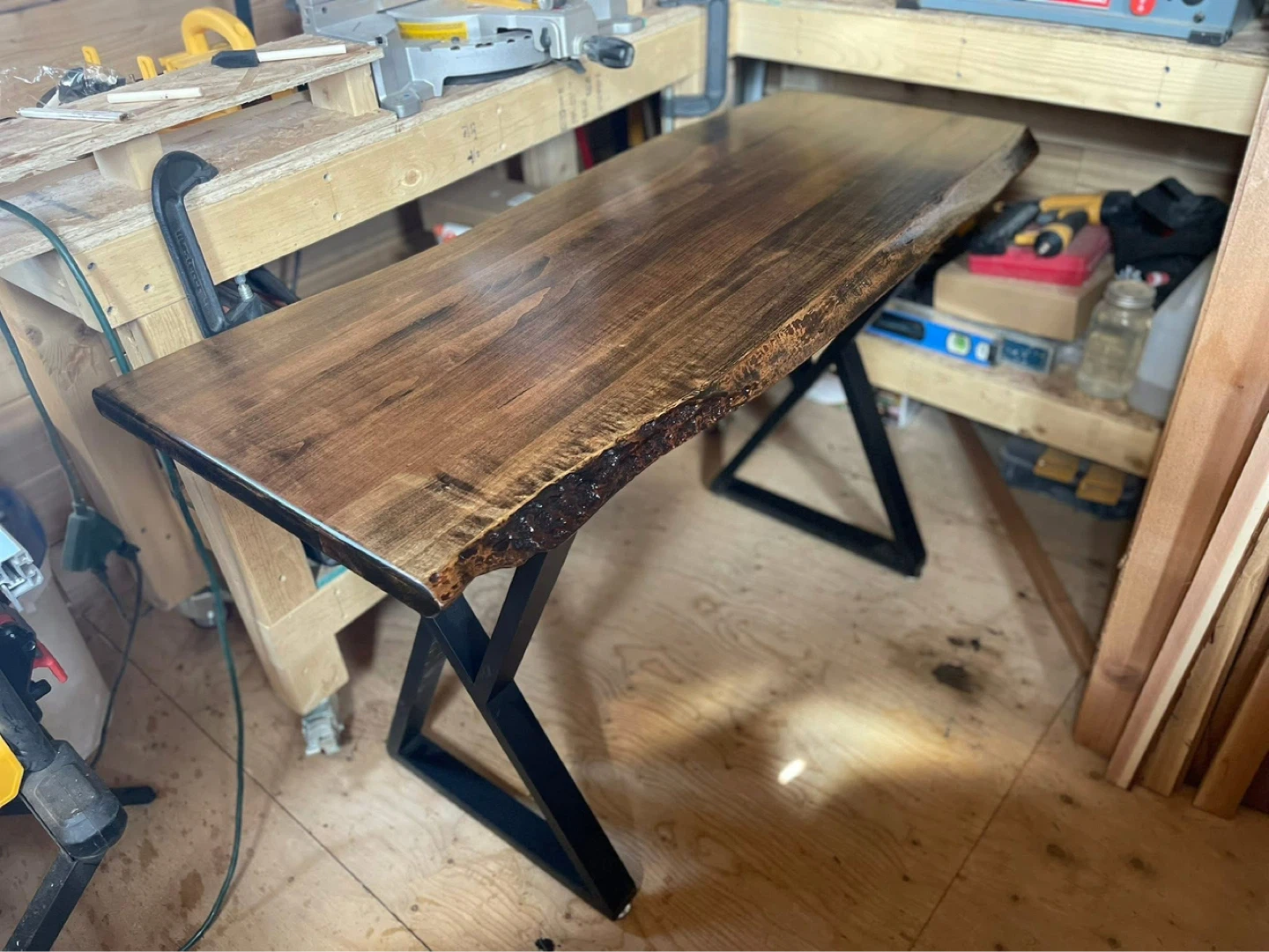Live Edge Desk with Black Metal X-Legs