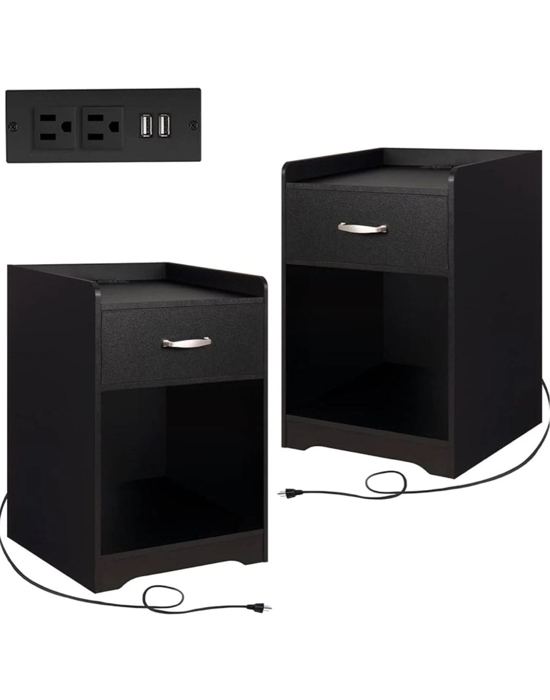 Black Nightstand set of 2 with Drawer and Power Outlet