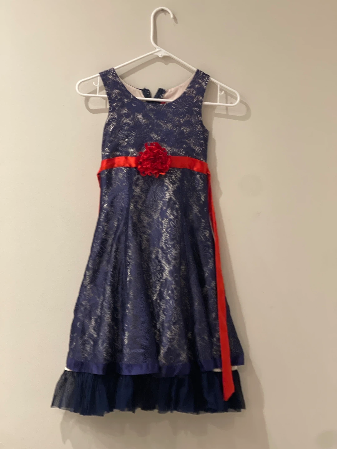 Girls Navy Lace Dress with Red Ribbon and Flower Accent