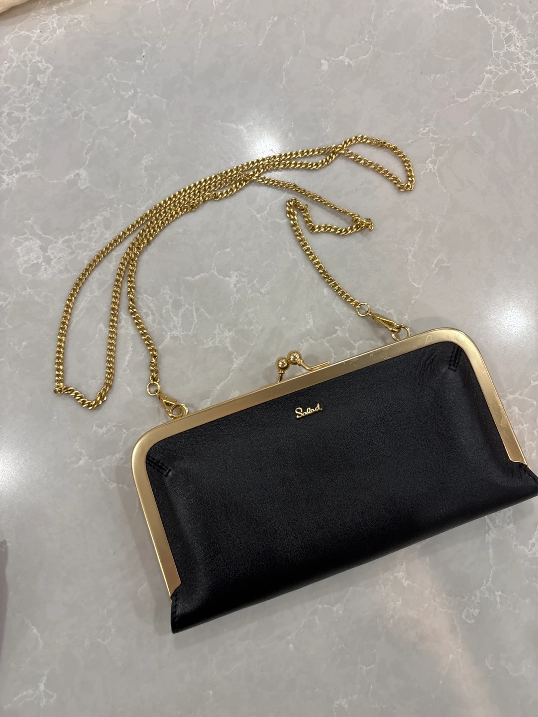 Salad Black Leather Clutch with Gold Chain